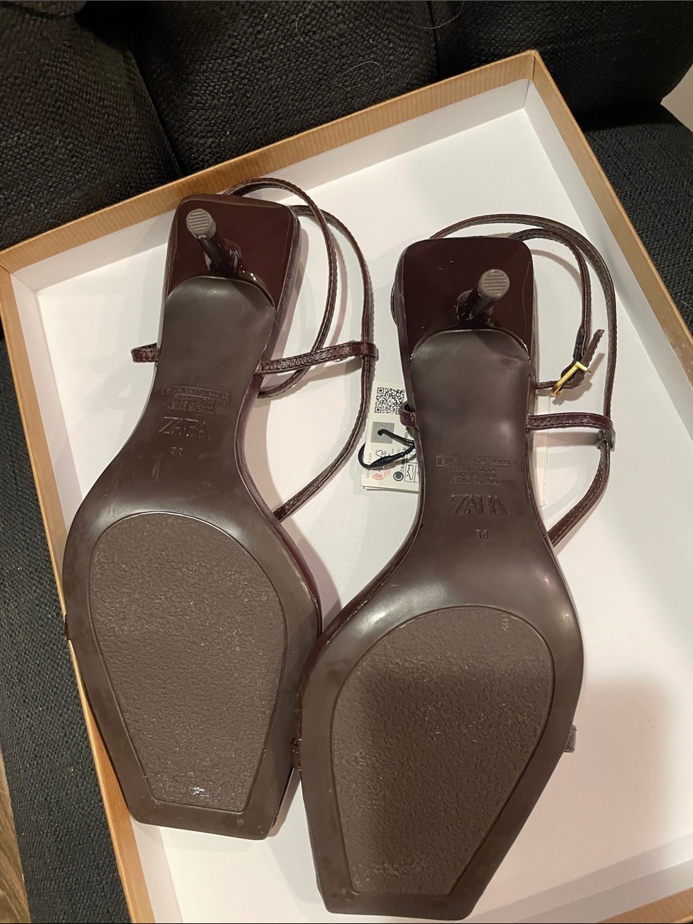Zara Dark Brown Strappy Square-Toe Heeled Sandals with Gold Accents - Picture 3 of 8